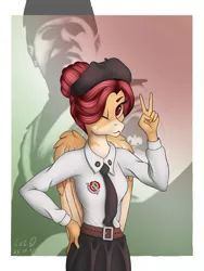 Size: 1500x2000 | Tagged: anthro, artist:catdclassic, benito mussolini, clothes, derpibooru import, fascism, gil, meeting, oc, oc:peach, peace sign, pegasus, safe, skirt, solo, uniform