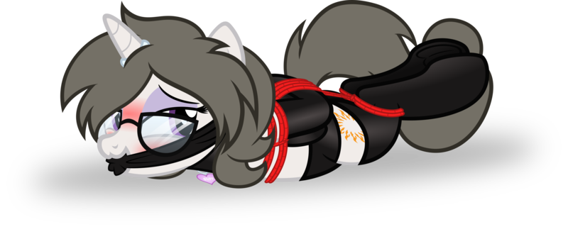 Size: 4846x2000 | Tagged: suggestive, artist:applec1234, deleted from derpibooru, derpibooru import, oc, oc:solaria, unofficial characters only, pony, unicorn, blushing, bondage, box tied, cloth gag, clothes, collar, eyeshadow, female, gag, glasses, gloves, hogtied, horn, horn ring, knot gag, looking back, makeup, panties, ring, rope, rope bondage, show accurate, show accurate porn, simple background, socks, solo, solo female, submissive, transparent background, underwear