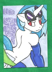 Size: 425x585 | Tagged: suggestive, artist:theburningdonut, derpibooru import, vinyl scratch, pony, bikini, bikini bottom, breasts, clothes, female, from behind, gloves, long gloves, looking at you, looking back, looking back at you, partial nudity, smiling, smirk, solo, solo female, swimsuit, topless, traditional art, underboob, wrong eye color