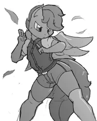 Size: 660x824 | Tagged: anthro, artist:theburningdonut, clothes, derpibooru import, feather, fighting stance, monochrome, pegasus, safe, scootaloo, serious, serious face, shorts, solo, vest