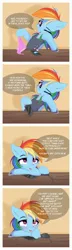 Size: 1201x4196 | Tagged: suggestive, artist:omi, derpibooru import, rainbow dash, pegasus, pony, blushing, clothes, comic, dialogue, female, mare, panties, pink underwear, smiling, solo, underwear
