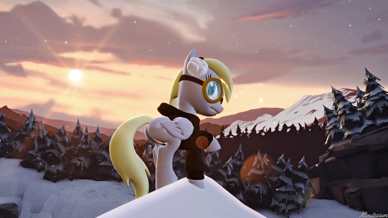 Size: 1920x1080 | Tagged: safe, artist:minutexium, derpibooru import, derpy hooves, pony, 3d, bomber jacket, clothes, earmuffs, gmod, goggles, jacket, mailmare, mountain, mountain range, snow, solo, winter