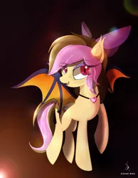 Size: 2924x3776 | Tagged: safe, artist:zidanemina, derpibooru import, oc, oc:dream maker, unofficial characters only, bat pony, pony, bat pony oc, bat wings, bow, cute, cute little fangs, ear fluff, eyeshadow, fangs, female, flying, hair bow, jewelry, looking at you, makeup, mare, necklace, open mouth, slit eyes, smiling, solo, spread wings, wings