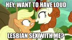 Size: 960x540 | Tagged: suggestive, derpibooru import, edit, edited screencap, screencap, applejack, autumn blaze, earth pony, kirin, pony, sounds of silence, autumnjack, boop, caption, do not want, duo, female, image macro, implied sex, lesbian, mare, meme, nose wrinkle, noseboop, shipping, subtle as a train wreck, text