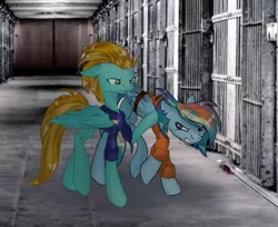 Size: 2594x2119 | Tagged: safe, artist:mysteriousshine, derpibooru import, lightning dust, rainbow dash, pony, angry, bound wings, clothes, jail, police officer, police uniform, prison, prison outfit, prisoner, prisoner rd, wings