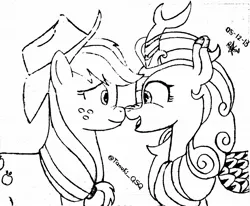 Size: 1280x1054 | Tagged: safe, artist:kobato98, derpibooru import, applejack, autumn blaze, earth pony, kirin, pony, sounds of silence, autumnjack, black and white, boop, cute, duo, eye contact, female, grayscale, hat, lesbian, lineart, looking at each other, mare, monochrome, nose to nose, nose wrinkle, noseboop, shipping, sketch, smiling
