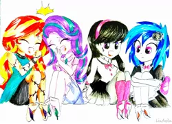 Size: 1923x1389 | Tagged: suggestive, artist:liaaqila, derpibooru import, octavia melody, starlight glimmer, sunset shimmer, vinyl scratch, vampire, equestria girls, alternate universe, barefoot, bowtie, bracelet, choker, clothes, crossed arms, dress, ear piercing, earring, eyes closed, feather, feet, female, fetish, foot fetish, jewelry, lesbian, maid, open mouth, piercing, scratchtavia, shimmerglimmer, shipping, shirt, simple background, skirt, socks, spiked choker, spiked wristband, stockings, tattoo, thigh highs, tickle torture, tickling, traditional art, white background, wristband