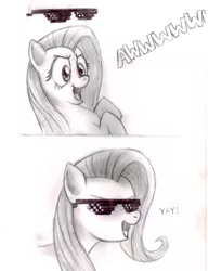 Size: 3930x5124 | Tagged: safe, artist:turbosolid, derpibooru import, fluttershy, pegasus, pony, deal with it, eyes closed, female, flutteryay, mare, meme, sunglasses, traditional art, yay