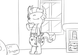 Size: 1400x1000 | Tagged: adult foal, artist:spritepony, changing table, derpibooru import, diaper, diaper fetish, dragon, dragoness, female, fetish, foal powder, one eye closed, pillow, plushie, poofy diaper, sketch, smolder, solo, standing, suggestive, twilight sparkle, wink