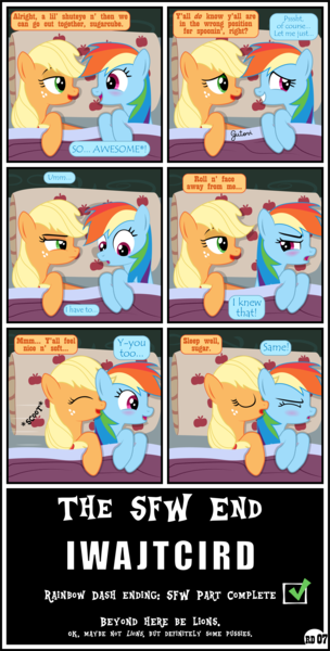 Size: 3259x6433 | Tagged: suggestive, artist:gutovi, derpibooru import, applejack, rainbow dash, earth pony, pegasus, pony, comic:why me!?, alternate ending, appledash, bed, bedroom, blushing, comic, cuddling, female, lesbian, shipping, show accurate, show accurate porn, spooning, sweet apple acres