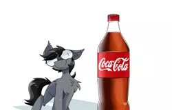 Size: 8000x5120 | Tagged: safe, artist:difis, derpibooru import, oc, oc:grey matter, unofficial characters only, pony, absurd resolution, chest fluff, coca-cola, commission, digital art, ear fluff, male, product placement, simple background, smiling, soda, solo, stallion, white background, wide eyes, ych result