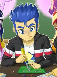 Size: 463x625 | Tagged: safe, artist:uotapo, derpibooru import, flash sentry, sci-twi, sunset shimmer, twilight sparkle, equestria girls, friendship games, clothes, cropped, jacket, male, soldering, soldering iron, solo focus, sweat, sweatdrop