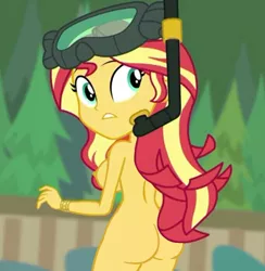 Size: 682x700 | Tagged: safe, artist:rambon7, derpibooru import, edit, edited screencap, screencap, sunset shimmer, equestria girls, equestria girls series, unsolved selfie mysteries, ass, breasts, bunset shimmer, busty sunset shimmer, butt, diving goggles, female, goggles, image, nipples, nude edit, nudity, png, practitioner of naturism, sideboob, snorkel, solo, solo female, whistling