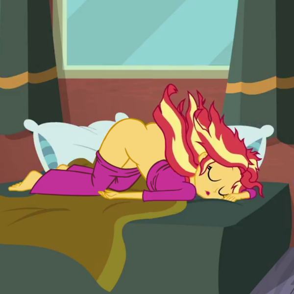 Size: 2952x2952 | Tagged: questionable, artist:rambon7, derpibooru import, edit, edited screencap, screencap, sunset shimmer, eqg summertime shorts, equestria girls, monday blues, ass, ass up, barefoot, bunset shimmer, butt, clothes, face down ass up, feet, female, nudity, pants, pants down, partial nudity, sleeping, solo, solo female