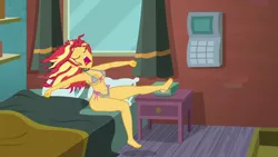 Size: 1280x720 | Tagged: suggestive, artist:rambon7, derpibooru import, edit, edited screencap, screencap, sunset shimmer, eqg summertime shorts, equestria girls, monday blues, barefoot, breasts, clothes, collar, feet, lingerie, lingerie edit, underwear, underwear edit, yawn