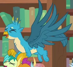 Size: 445x407 | Tagged: safe, derpibooru import, screencap, gallus, ocellus, sandbar, silverstream, smolder, earth pony, gryphon, pony, what lies beneath, bookshelf, chest fluff, claws, cropped, cute, eyes closed, gallabetes, gallawws, laughing, male, paws, spread wings, wings