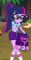 Size: 294x575 | Tagged: safe, derpibooru import, screencap, flash sentry, sci-twi, twilight sparkle, equestria girls, legend of everfree, backpack, camp everfree outfits, clothes, cropped, female, glasses, hand, implied sunset shimmer, legs, offscreen character, ponytail, shorts, socks