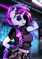 Size: 3200x4500 | Tagged: safe, artist:ciderpunk, derpibooru import, oc, oc:synthwave, unofficial characters only, anthro, unicorn, anthro oc, belly button, clothes, cyberpunk, ear piercing, earring, futuristic, glowstick, jewelry, piercing, vest