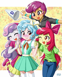 Size: 809x1000 | Tagged: safe, alternate version, artist:uotapo, derpibooru import, apple bloom, cozy glow, scootaloo, sweetie belle, equestria girls, marks for effort, animated, blushing, boots, bow, clothes, cozy glow is best facemaker, cozybetes, crazy glow, cute, cutie mark crusaders, dunce hat, equestria girls-ified, eyes closed, gif, hat, holding hands, insanity, one eye closed, pants, quartet, shoes, this will end in betrayal, this will end in tears, this will not end well, wink, yandere, yandereglow