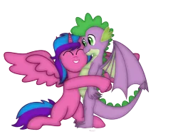 Size: 1800x1350 | Tagged: adult, alicorn, alicorn oc, artist:99999999000, derpibooru import, dragon, happy, horn, hug, oc, oc:melody aurora, offspring, older, older spike, parent:flash sentry, parents:flashlight, parent:twilight sparkle, safe, smiling, spike, teenaged dragon, teenager, teenage spike, winged spike, wings