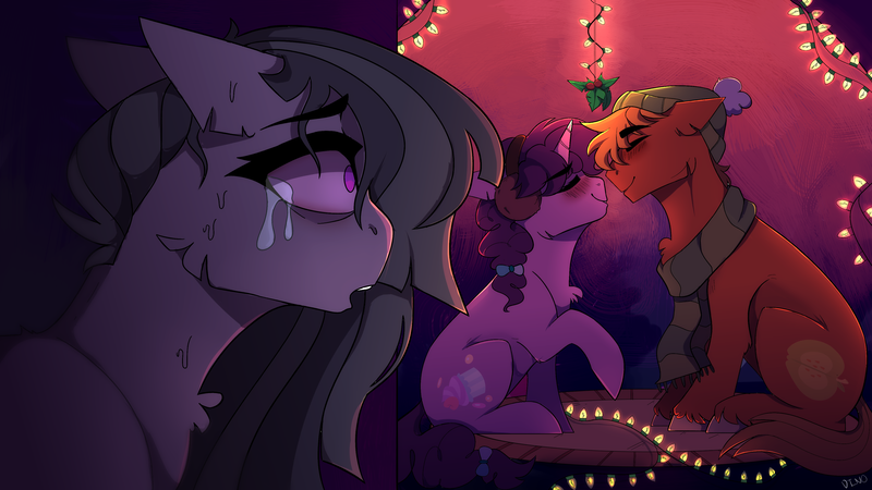 Size: 3840x2160 | Tagged: safe, artist:dino_horse, deleted from derpibooru, derpibooru import, big macintosh, marble pie, sugar belle, earth pony, pony, unicorn, :o, bags under eyes, cheek fluff, chest fluff, christmas, christmas lights, clothes, crying, ear fluff, earmuffs, empty eyes, eyes closed, female, floppy ears, frown, grin, hat, heartbreak, heartbroken marble, hearth's warming, holiday, holly, holly mistaken for mistletoe, hoof fluff, imminent kissing, leg fluff, male, mare, no pupils, oof, open mouth, raised hoof, sad, scarf, shipping, shocked, side chick, sitting, smiling, stallion, straight, sugarmac, surprised, unshorn fetlocks, wide eyes