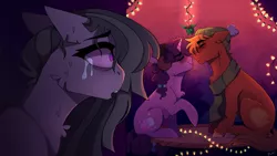 Size: 3840x2160 | Tagged: safe, artist:dino_horse, deleted from derpibooru, derpibooru import, big macintosh, marble pie, sugar belle, earth pony, pony, unicorn, :o, bags under eyes, cheek fluff, chest fluff, christmas, christmas lights, clothes, crying, ear fluff, earmuffs, empty eyes, eyes closed, female, floppy ears, frown, grin, hat, heartbreak, heartbroken marble, hearth's warming, holiday, holly, holly mistaken for mistletoe, hoof fluff, imminent kissing, leg fluff, male, mare, no pupils, oof, open mouth, raised hoof, sad, scarf, shipping, shocked, side chick, sitting, smiling, stallion, straight, sugarmac, surprised, unshorn fetlocks, wide eyes