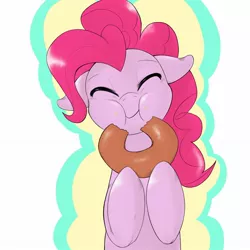 Size: 1536x1536 | Tagged: safe, artist:kurogewapony, derpibooru import, pinkie pie, earth pony, pony, bagel, bread, cute, diapinkes, donut, eating, eyes closed, female, floppy ears, food, happy, mare, munching, pixiv, smiling, solo