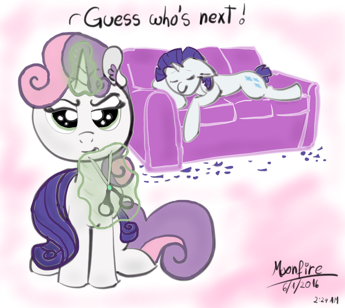 Size: 2048x1828 | Tagged: safe, artist:moonfire, derpibooru import, rarity, sweetie belle, pony, unicorn, couch, dialogue, pure unfiltered evil, scissors, sleeping, this will end in tears