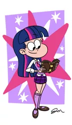 Size: 817x1404 | Tagged: artist:jmdoodle, book, colored, cutie mark, derpibooru import, human, humanized, safe, smiling, stars, style emulation, the loud house, twilight sparkle