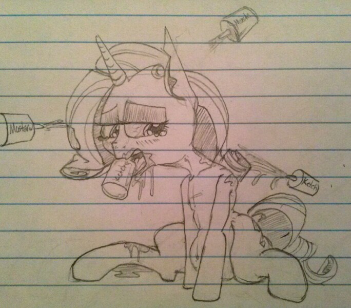 Size: 1074x942 | Tagged: artist needed, derpibooru import, food, ketchup, lined paper, mustard, rarity, sauce, sketch, solo, suggestive, traditional art