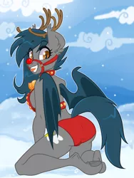 Size: 3000x4000 | Tagged: suggestive, artist:annakitsun3, derpibooru import, oc, oc:speck, unofficial characters only, anthro, bat pony, deer, reindeer, unguligrade anthro, animal costume, anthro oc, antlers, bat pony oc, bat wings, bells, breasts, christmas, clothes, costume, female, holiday, kneeling, mare, reindeer costume, snow, snowfall, solo, solo female, wings