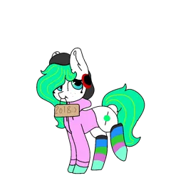 Size: 940x980 | Tagged: safe, artist:nootaz, derpibooru import, oc, oc:mints, unofficial characters only, earth pony, pony, 2019 community collab, derpibooru community collaboration, clothes, sign, simple background, socks, solo, striped socks, transparent background