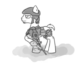 Size: 900x750 | Tagged: safe, derpibooru import, pony, armor, grayscale, gun, helmet, monochrome, rifle, short tail, simple background, sketch, sniper rifle, soldier, weapon, white background