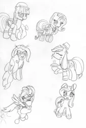 Size: 1102x1630 | Tagged: safe, artist:midwestbrony, derpibooru import, applejack, fluttershy, pinkie pie, rainbow dash, rarity, twilight sparkle, twilight sparkle (alicorn), alicorn, earth pony, pegasus, pony, unicorn, bag, bomb, boots, bunny ears, christmas, clothes, easter bunny, easter egg, fake ears, female, food, funny glasses, glasses, happy new year, happy new year 2016, hat, helmet, holiday, jumping, lineart, mane six, mare, monochrome, mouth hold, pie, saddle bag, saint patrick's day, santa hat, santa sack, shoes, sketch, smiling, traditional art, weapon