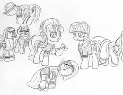 Size: 1181x915 | Tagged: safe, artist:midwestbrony, derpibooru import, applejack, fluttershy, pinkie pie, rainbow dash, rarity, starlight glimmer, twilight sparkle, pony, hoofball, lying down, mane six, monochrome, pennant, sketch, sports, tired, traditional art