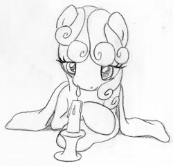 Size: 544x523 | Tagged: safe, artist:midwestbrony, derpibooru import, sweetie belle, pony, blanket, candle, monochrome, sketch, solo, traditional art