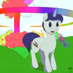 Size: 1000x1000 | Tagged: safe, artist:btbunny, derpibooru import, oc, unofficial characters only, pony, unicorn, explosion, male, microphone, reporter, solo