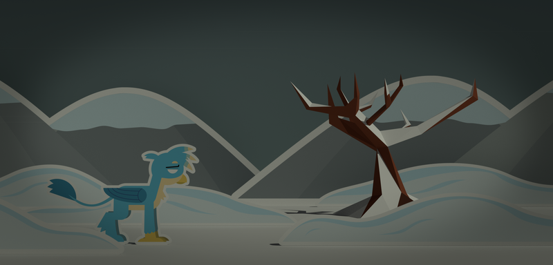 Size: 2500x1200 | Tagged: safe, anonymous artist, derpibooru import, gallus, gryphon, 3d, dead tree, mountain, sad, snow, solo, tree