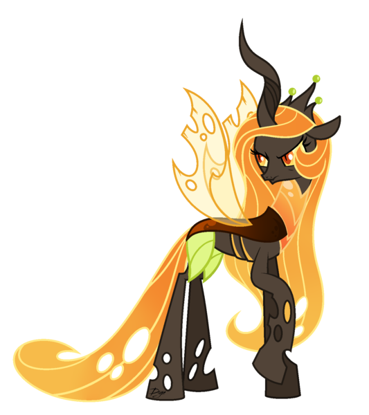 Size: 1432x1613 | Tagged: artist:dianamur, changeling, changelingified, changeling queen, derpibooru import, female, orange changeling, princess celestia, safe, simple background, solo, species swap, transparent background