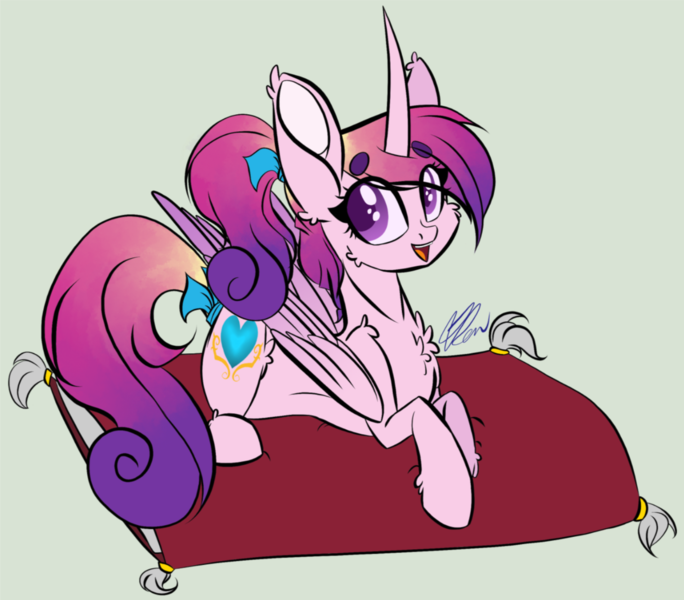 Size: 1539x1350 | Tagged: safe, artist:donnie-moon, derpibooru import, princess cadance, alicorn, pony, curved horn, female, horn, looking at you, mare, pillow, solo