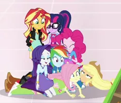 Size: 438x371 | Tagged: safe, derpibooru import, screencap, applejack, fluttershy, pinkie pie, rainbow dash, rarity, sci-twi, sunset shimmer, twilight sparkle, equestria girls, mirror magic, spoiler:eqg specials, cropped, geode of empathy, geode of fauna, geode of shielding, geode of sugar bombs, geode of super speed, geode of telekinesis, humane five, humane seven, humane six, magical geodes, out of context