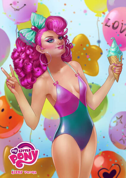 Size: 1024x1449 | Tagged: artist:aleksviktoria, balloon, breasts, derpibooru import, female, food, human, humanized, ice cream, ice cream cone, part of a series, part of a set, pinkie pie, solo, solo female, suggestive