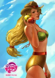 Size: 1024x1449 | Tagged: apple, applejack, artist:aleksviktoria, bikini, bikini top, breasts, clothes, derpibooru import, female, food, human, humanized, part of a series, part of a set, safe, shorts, solo, swimsuit