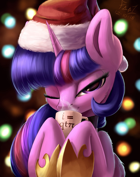 Size: 2300x2900 | Tagged: safe, artist:foughtdragon01, derpibooru import, twilight sparkle, twilight sparkle (alicorn), alicorn, pony, bedroom eyes, chocolate, christmas, cup, cute, female, food, grin, hat, holiday, hoof shoes, hot chocolate, leg fluff, lidded eyes, looking at you, mare, math, math joke, mug, one eye closed, pi, qt, santa hat, smiling, solo, twiabetes