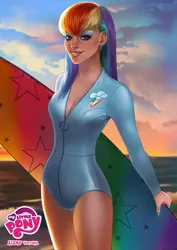 Size: 1024x1449 | Tagged: artist:aleksviktoria, clothes, derpibooru import, ear piercing, earring, female, human, humanized, jewelry, makeup, ocean, part of a series, part of a set, piercing, rainbow dash, safe, solo, sunset, surfboard, swimsuit