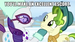 Size: 600x337 | Tagged: safe, derpibooru import, edit, edited screencap, screencap, pistachio, rarity, earth pony, pony, unicorn, best gift ever, caption, female, image macro, implied prostitution, innuendo, mare, text