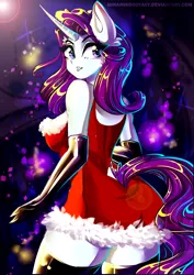 Size: 2893x4092 | Tagged: anthro, artist:minamikoboyasy, breasts, christmas, clothes, curved horn, derpibooru import, evening gloves, female, gloves, holiday, horn, long gloves, looking back, rarity, safe, solo