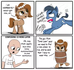Size: 1280x1207 | Tagged: safe, artist:chopsticks, derpibooru import, oc, oc:brownie bun, oc:richard, ponified, earth pony, human, pony, horse wife, aggressive nudity, bankruptcy barrel, barrel, bipedal, clothes, comic, cute, descriptive noise, dialogue, female, funny, horse noises, insanity, lewd, open mouth, simple background, text, tumblr 2018 nsfw purge, tumblr drama, we don't normally wear clothes, wobbling, yelling