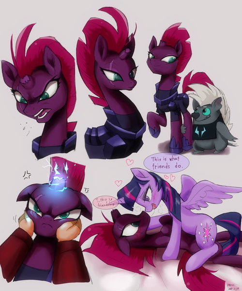 Size: 1250x1500 | Tagged: suggestive, artist:fromamida, derpibooru import, grubber, tempest shadow, twilight sparkle, twilight sparkle (alicorn), verko, alicorn, pony, unicorn, my little pony: the movie, broken horn, eye scar, female, floppy ears, hoof shoes, horn, lesbian, mare, raised hoof, scar, scene interpretation, shipping, sparking horn, tempestlight