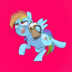 Size: 1500x1500 | Tagged: safe, artist:baigak, derpibooru import, rainbow dash, pegasus, pony, cider, dashaholic, drunk, drunker dash, female, mare, pink background, simple background, solo, tankard